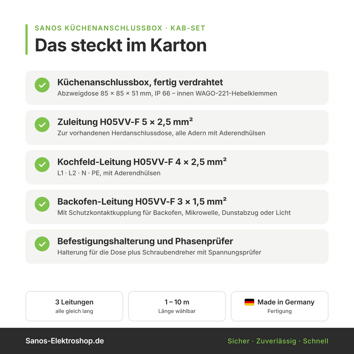Küchenanschlussbox-Set, Splitter-Box mit 1/2/3/5/10m Kabel - Küchenanschlussverteiler 3-fach für Kochfeld & Backofen