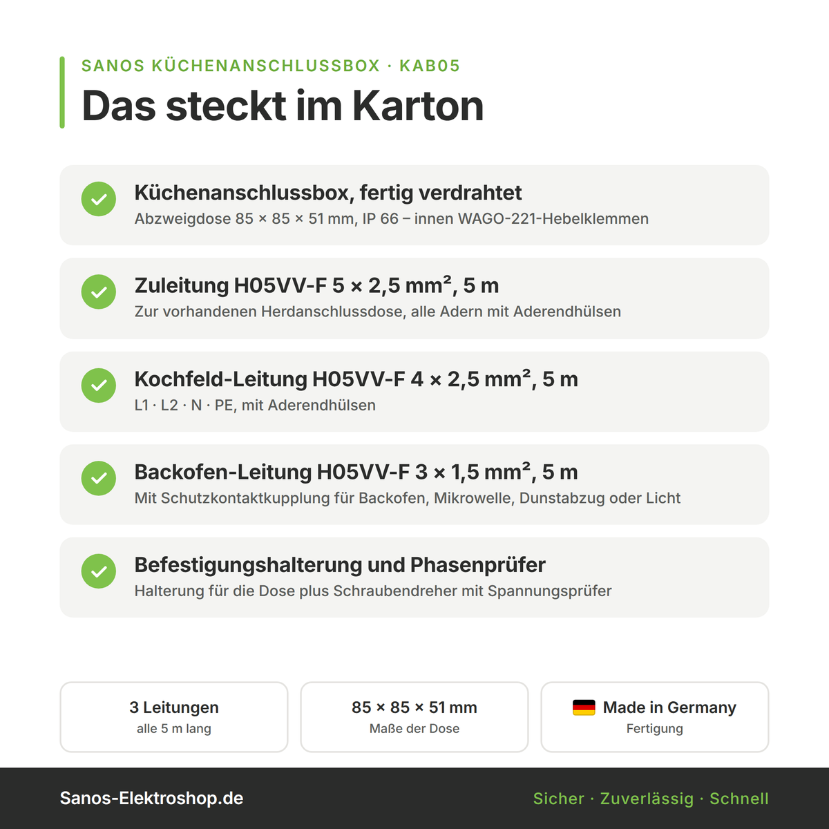 Küchenanschlussbox, Splitter-Box mit 5m Kabel - Küchenanschlussverteiler 3-fach für Kochfeld & Backofen