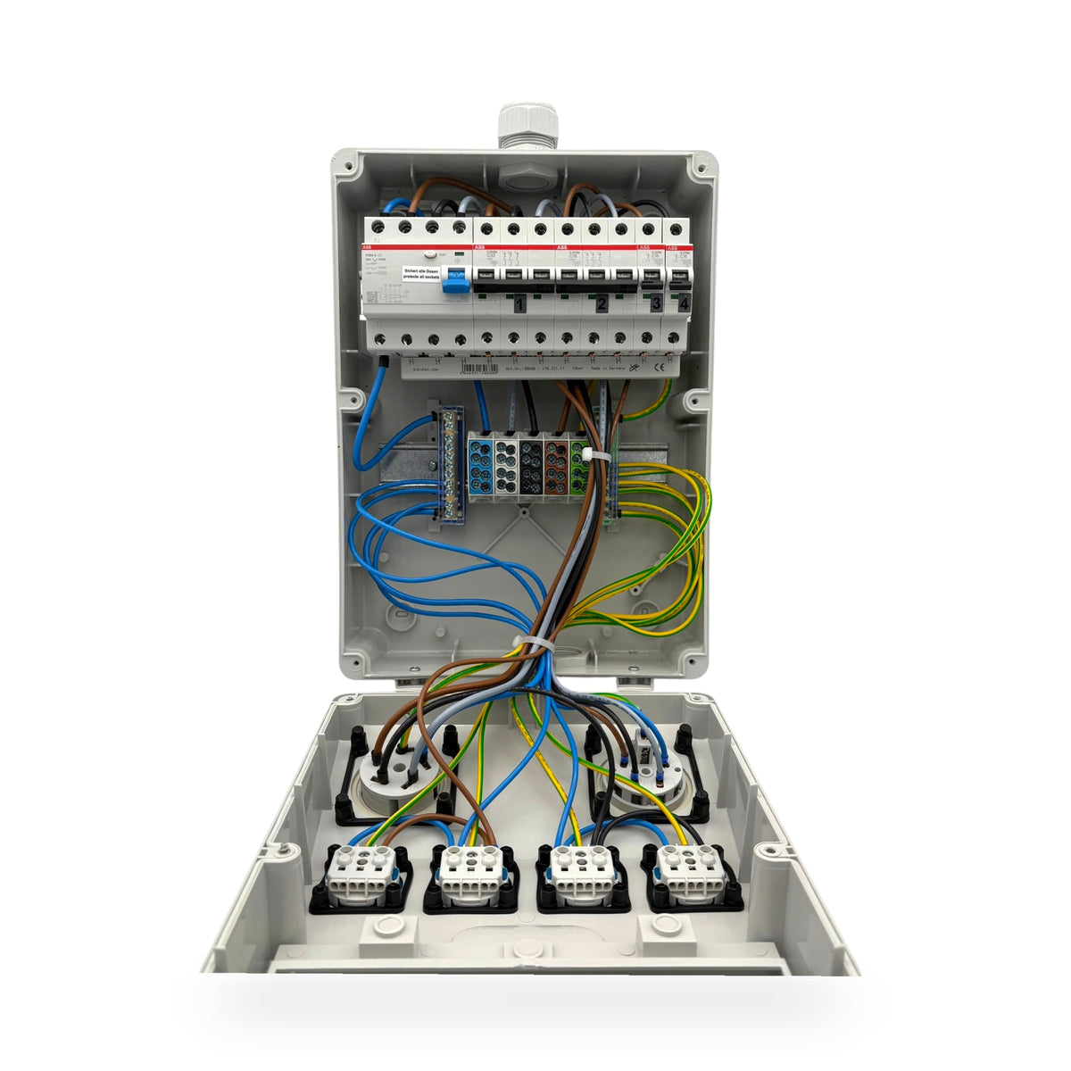 Innenansicht SANOS Wandverteiler SAN014 mit ABB-Leitungsschutzschaltern und FI 40A 4-polig 30 mA
