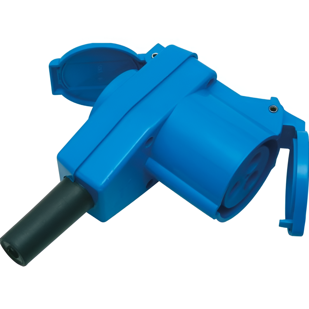 CEE-Winkelkupplung mit Schutzkontakt-Steckdose 230V, 16A, IP44 - Blau