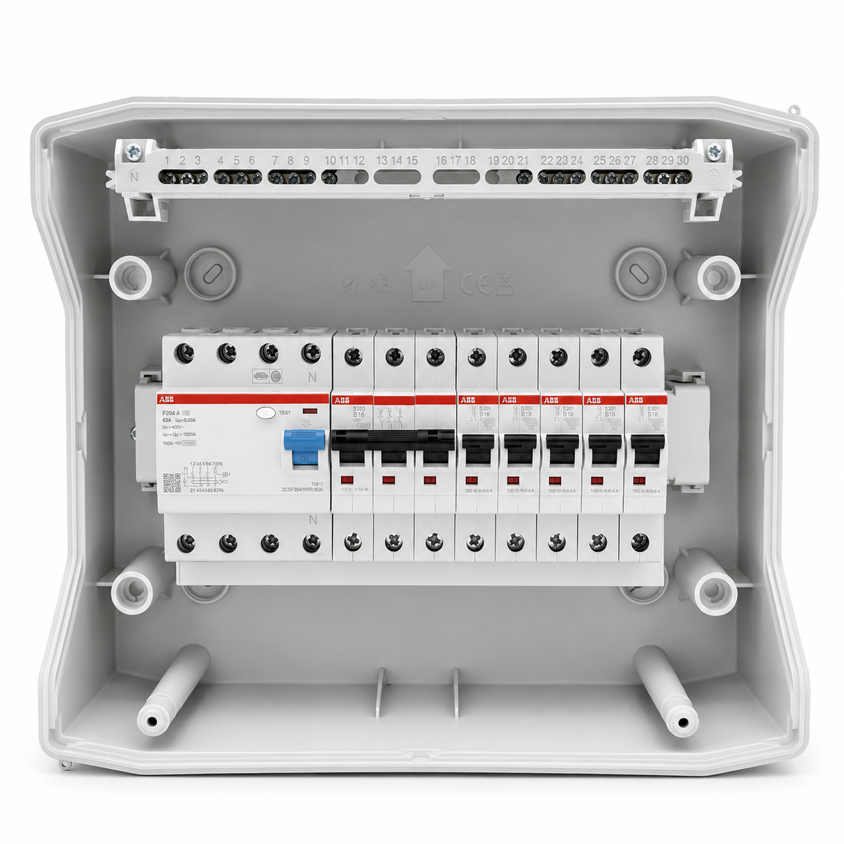 Aufputzverteiler IP65 bestückt - ABB FI + ABB B16 / C16 - inkl. Phasenschiene & N/PE-Klemme