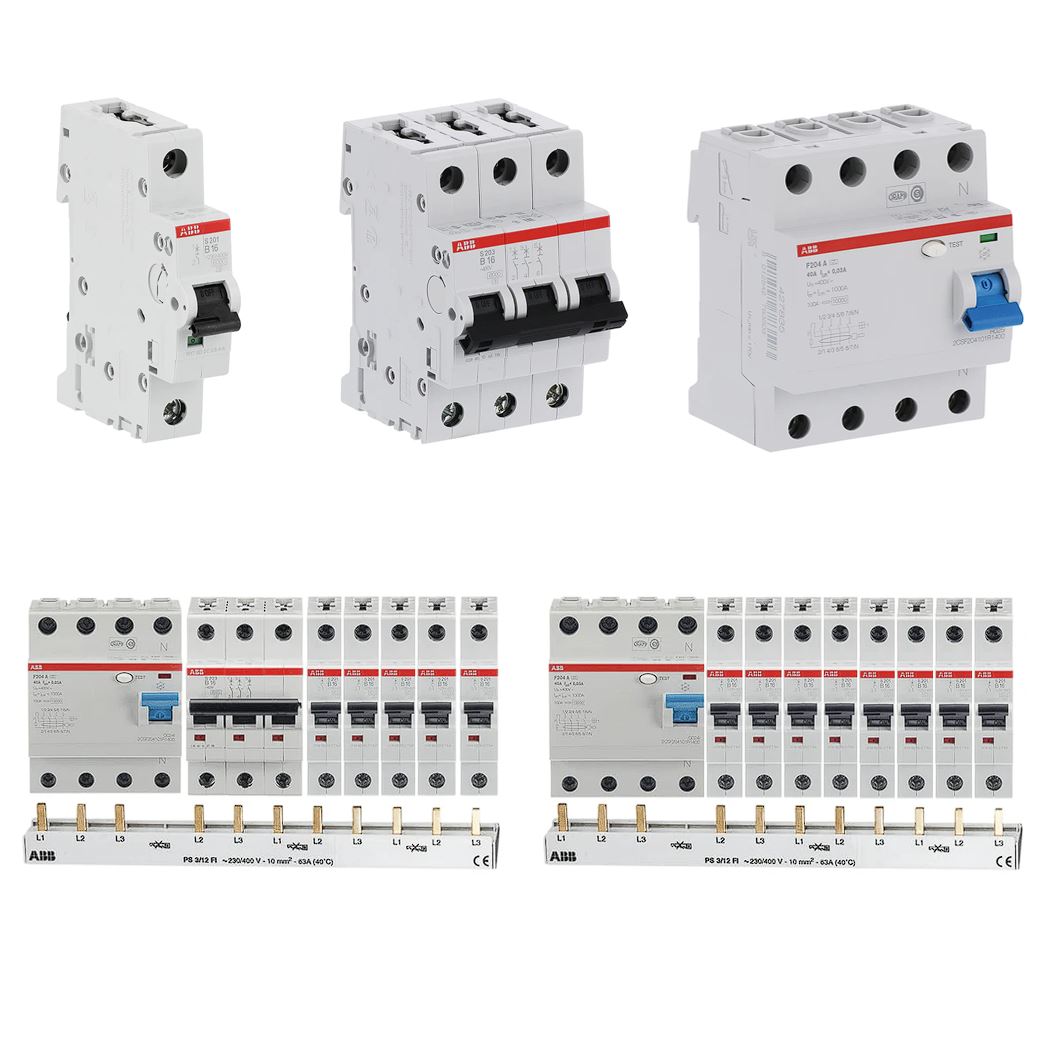ABB FI-Schutzschalter & LS-Schalter | 1- bis 4-polig | Phasenschienen & Komplettsets