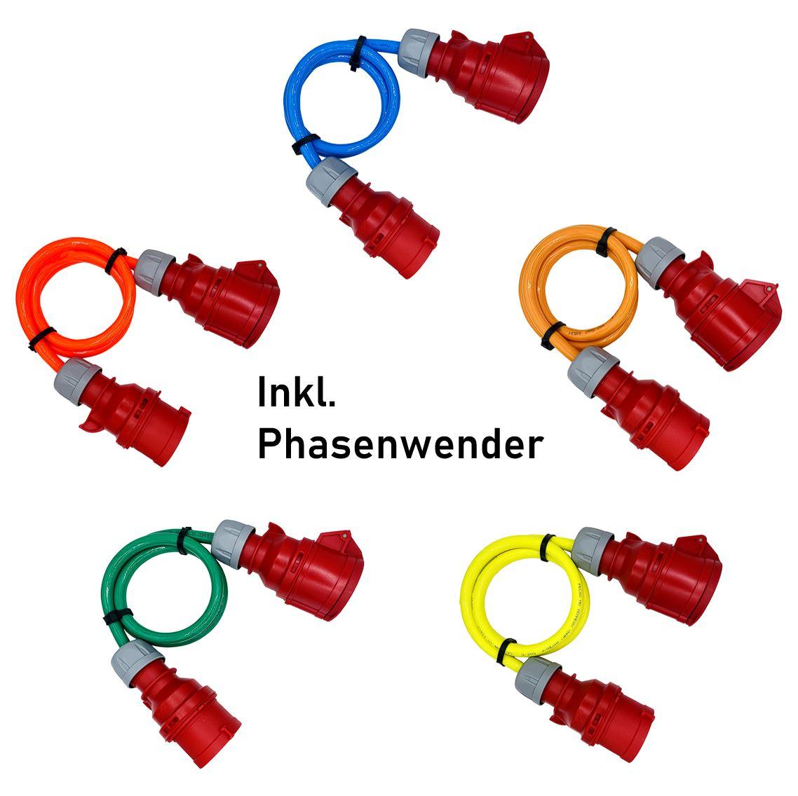 CEE-Verlängerung 16A - 400V - 5-polig mit Phasenwender | PUR Gummileitung H07BQ-F 5G1,5mm² - 5G2,5mm² | 1,00 bis 50,00 Meter | verschiedene Farben