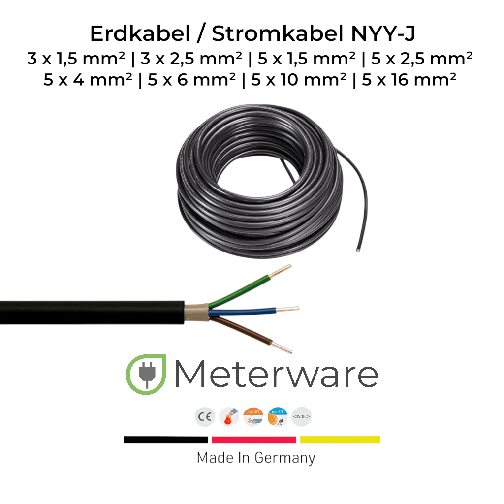 Erdkabel / Stromkabel NYY-J | 3x1,5 bis 5x16 | 1 Meter - 500 Meter