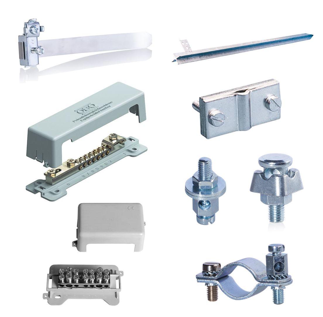 Erdungsmaterial: Erdungsklemme / Erdungsschiene / Bandschelle / Staberder / Potentialausgleichschiene