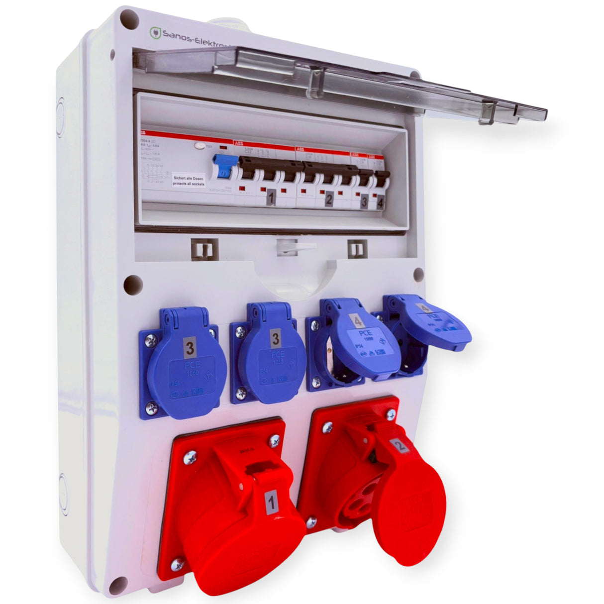SANOS Wandverteiler ABB/PCE - 2x CEE 16A und 4x Schukodosen mit FI | einzeln gesichert | SAN005