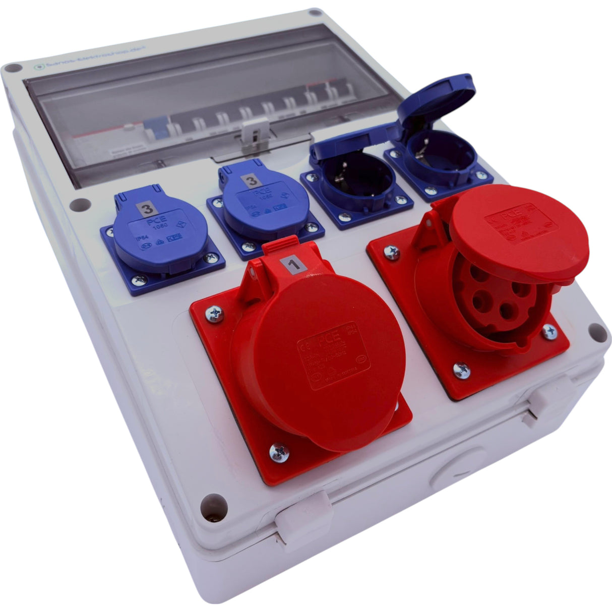 SANOS Wandverteiler ABB/PCE - 1x CEE 32A 1x CEE 16A und 4x Schukodosen mit FI | SAN001