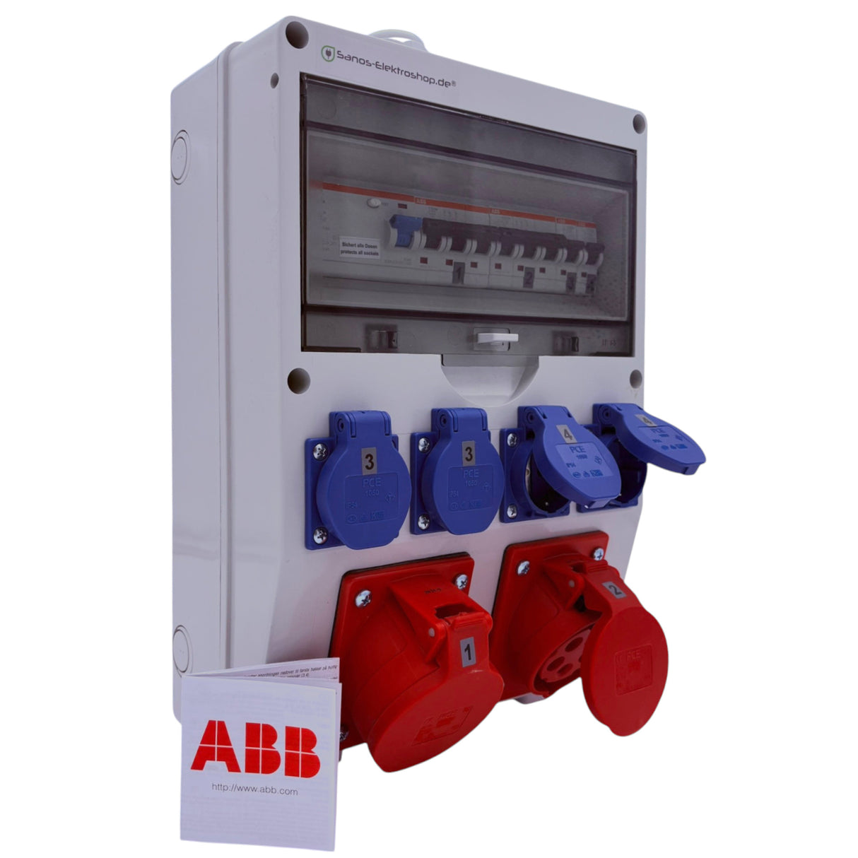 SANOS Wandverteiler ABB/PCE - 2x CEE 16A und 4x Schukodosen mit FI | paarweise gesichert | SAN002