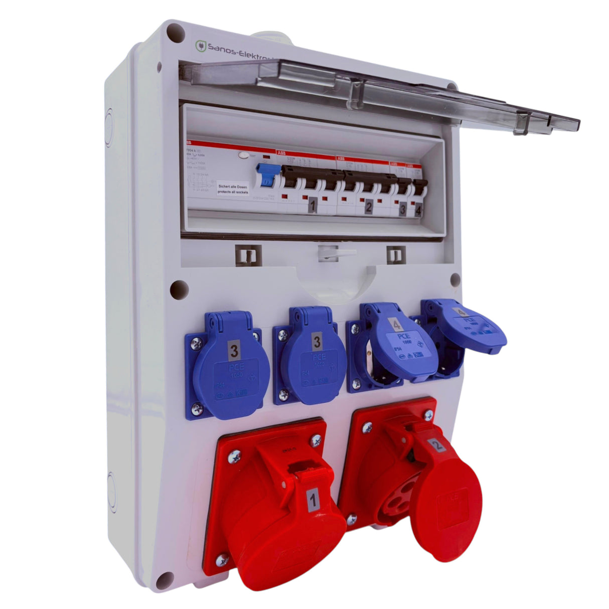 SANOS Wandverteiler ABB/PCE - 1x CEE 32A 1x CEE 16A und 4x Schukodosen mit FI | SAN001