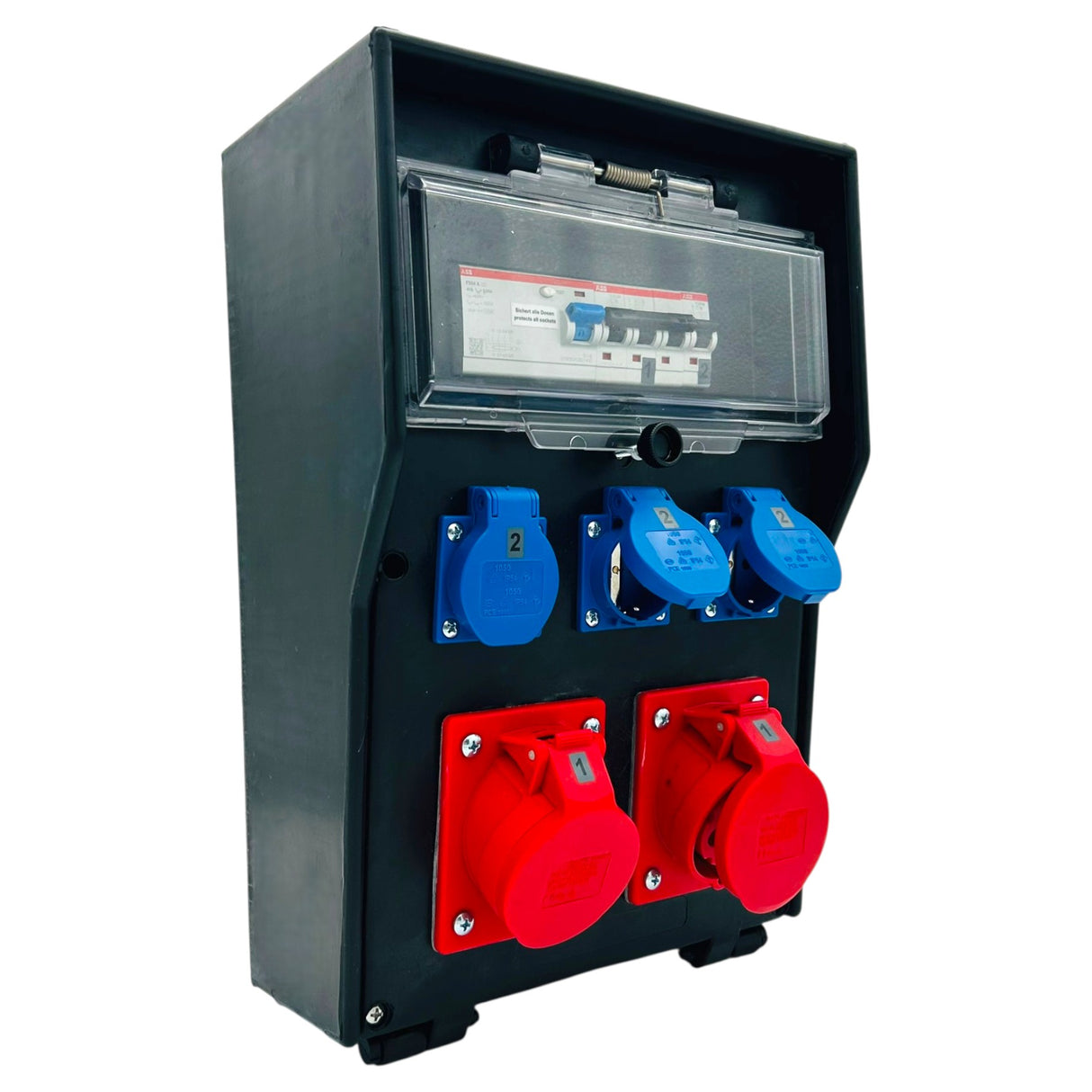 SANOS Vollgummiverteiler ABB/PCE - 2x CEE 16A und 3x Schukodosen mit FI | SAN023