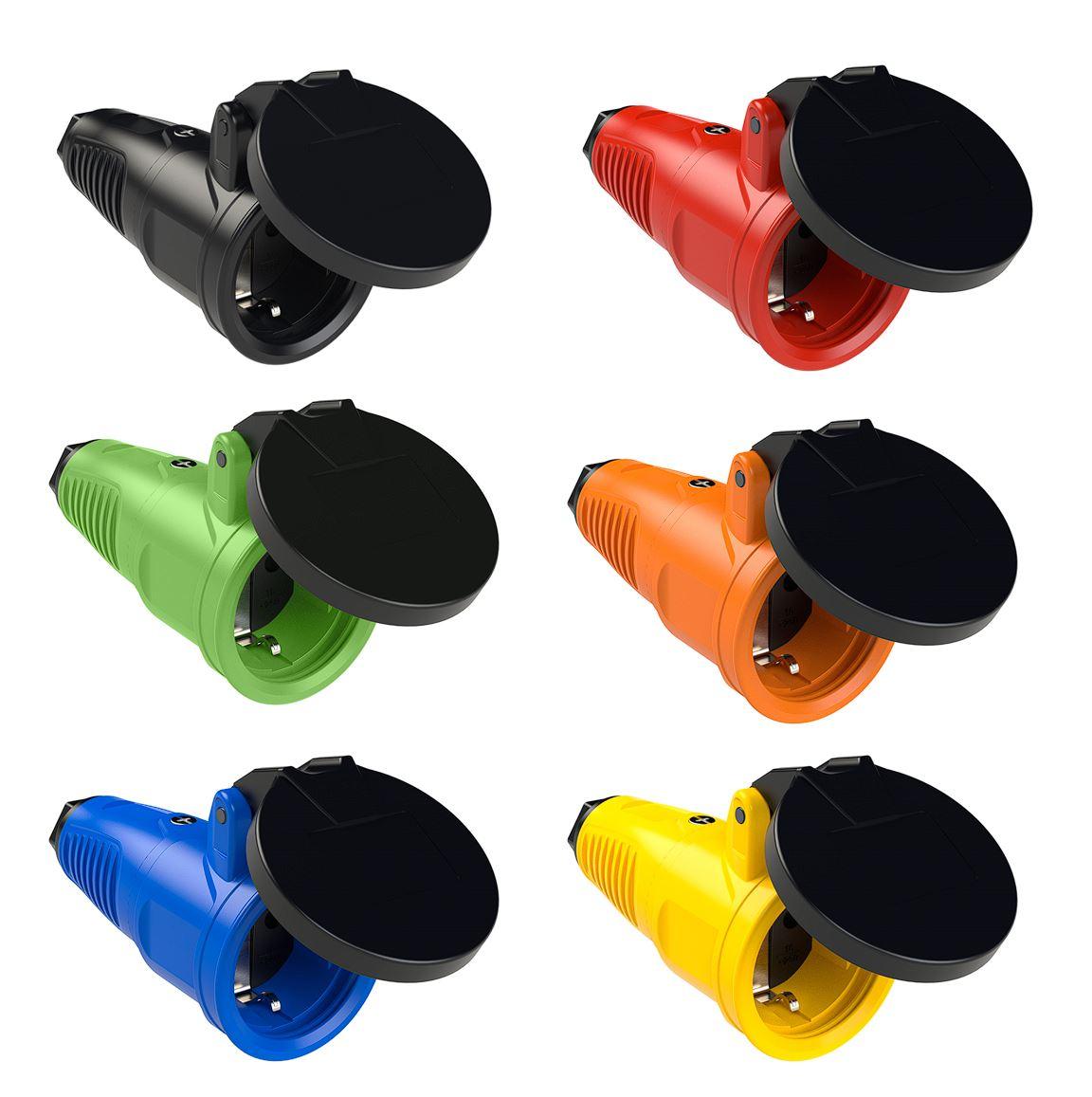 PCE Taurus-Vollgummi-Schuko-Kupplung IP54 - mit Federklappdeckel - verschiedene Farben