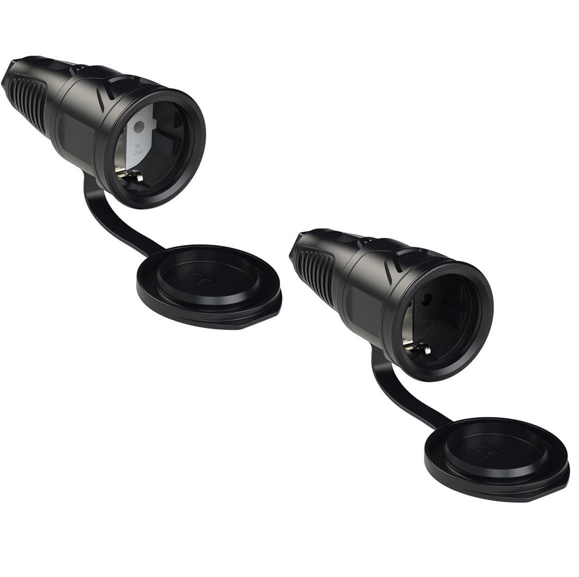 PCE Taurus-Vollgummi-Schuko-Kupplung IP54, Schwarz, Deckel am Band - verschiedene Typen