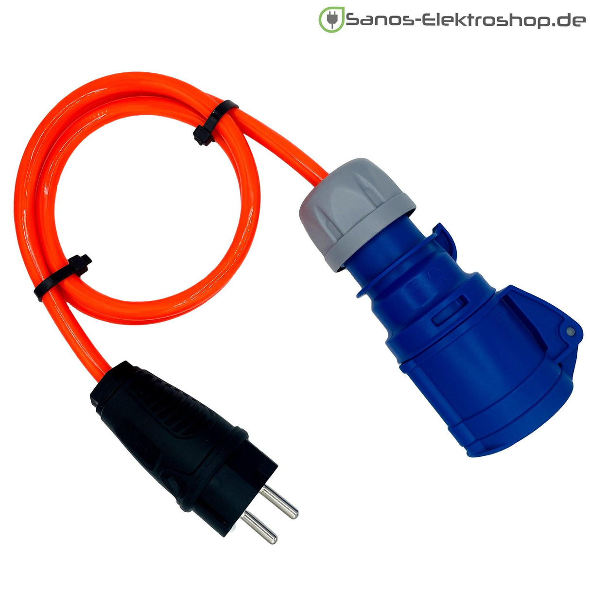 Camping/Caravan/Boot Adapter Schuko-Stecker auf CEE-Kupplung 230V 3-polig 16A, Gummileitung H07BQ-F 3G2,5 leuchtorange, 1m-50m