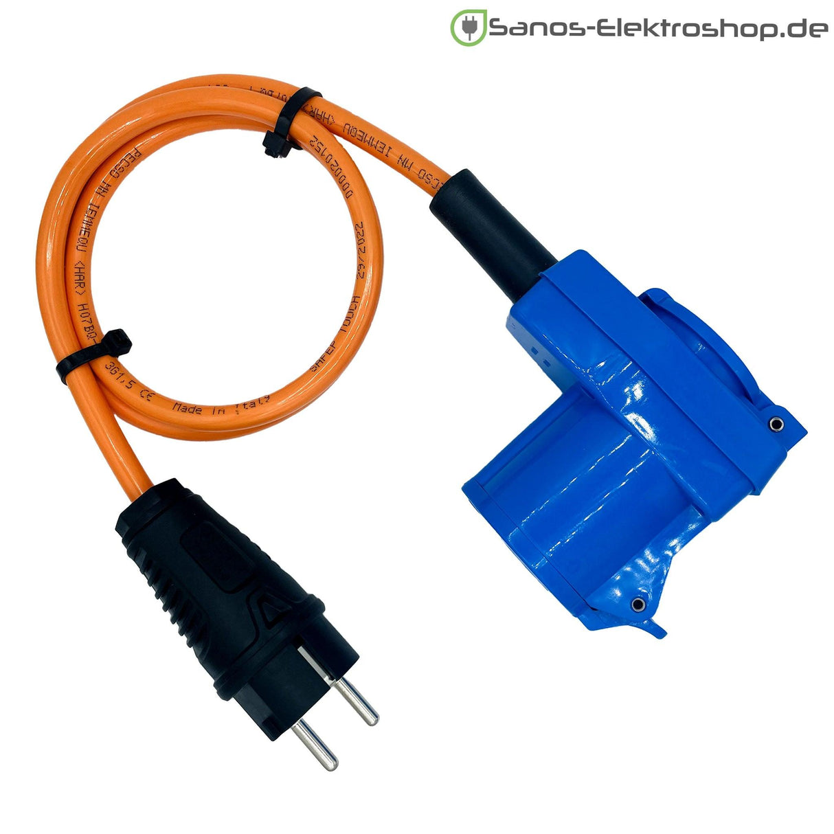 Camping/Caravan/Boot Adapter Schuko-Stecker auf CEE-Winkelkupplung 230V 3-polig 16A, Gummileitung H07BQ-F 3G2,5 orange, 1m-50m