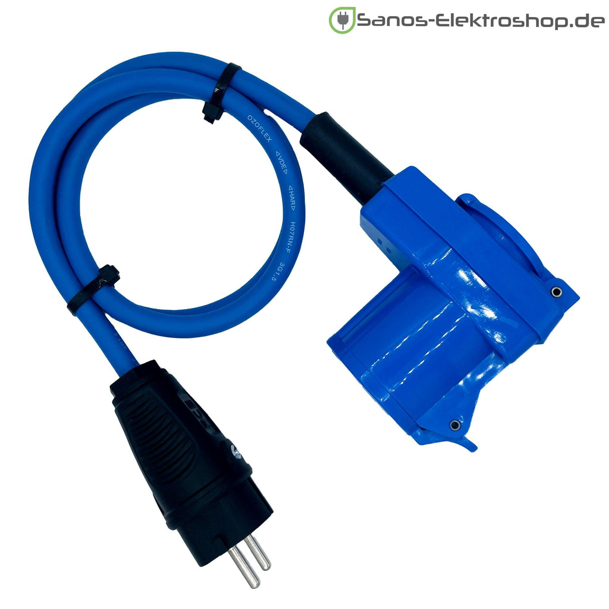 Camping/Caravan/Boot Adapter Schuko-Stecker auf CEE-Winkelkupplung 230V 3-polig 16A, Gummileitung H07RN-F 3G2,5 blau, 1m-50m