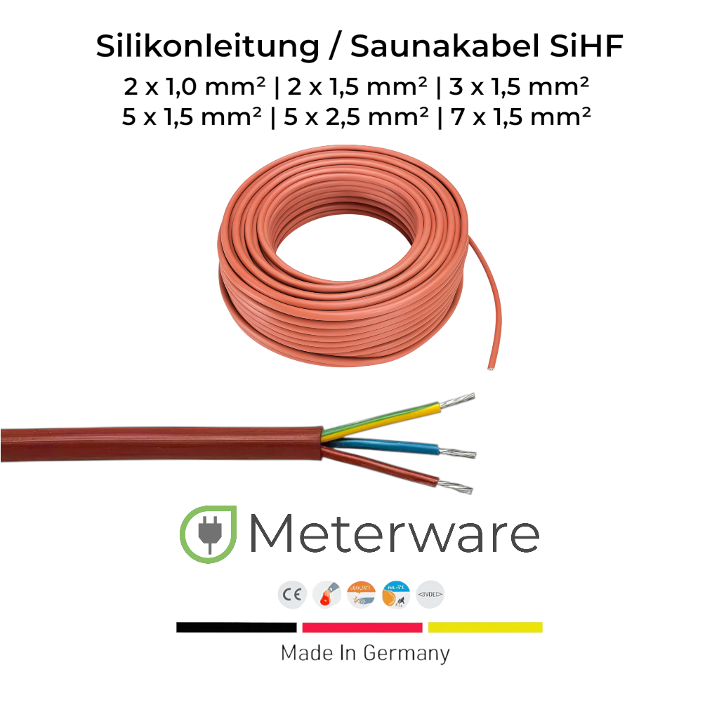 Silikonleitung / Saunakabel SiHF | 2x1,0mm² bis 7x1,5mm² | 1 Meter - 50 Meter