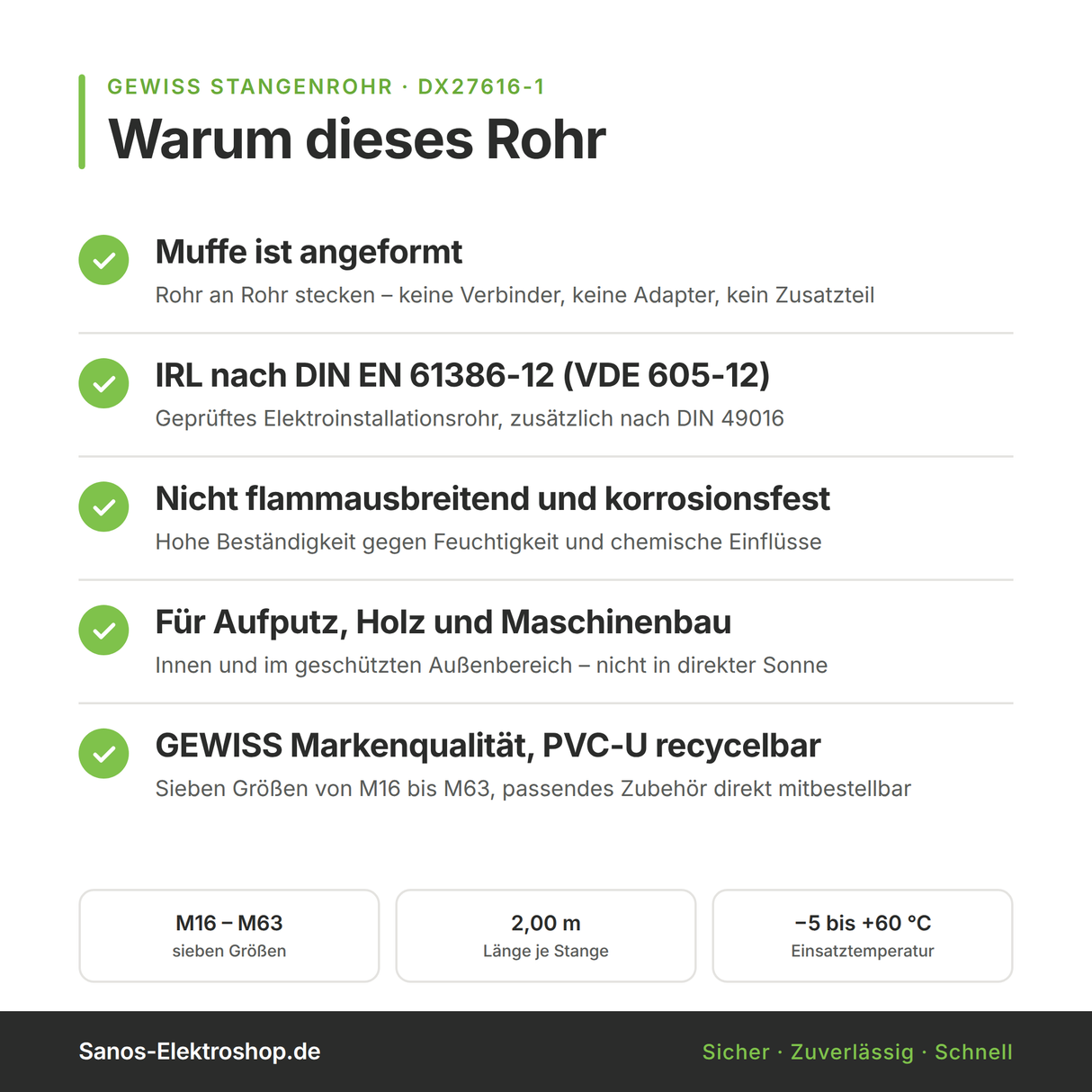 Vorteile des Stangenrohrs: angeformte Muffe, sieben Größen, DIN EN 61386-12