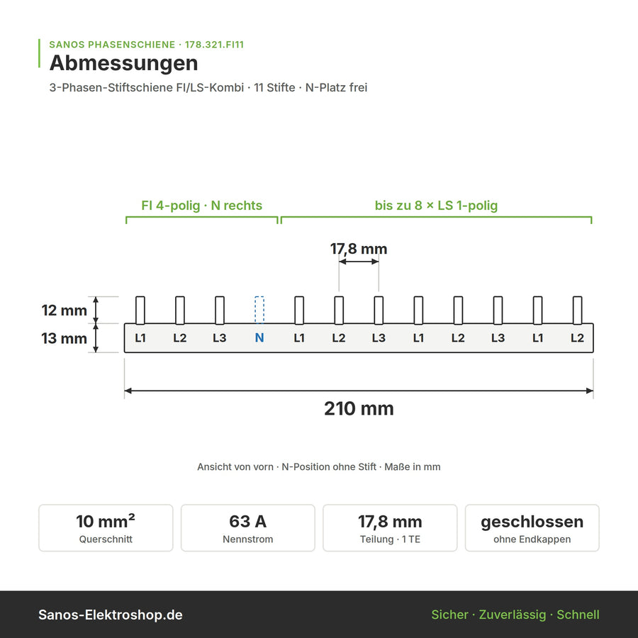 3-Phasen-Stiftschiene geschlossen, 11 Module, L-Ausführung, FI/LS Kombi, 178 mm lang