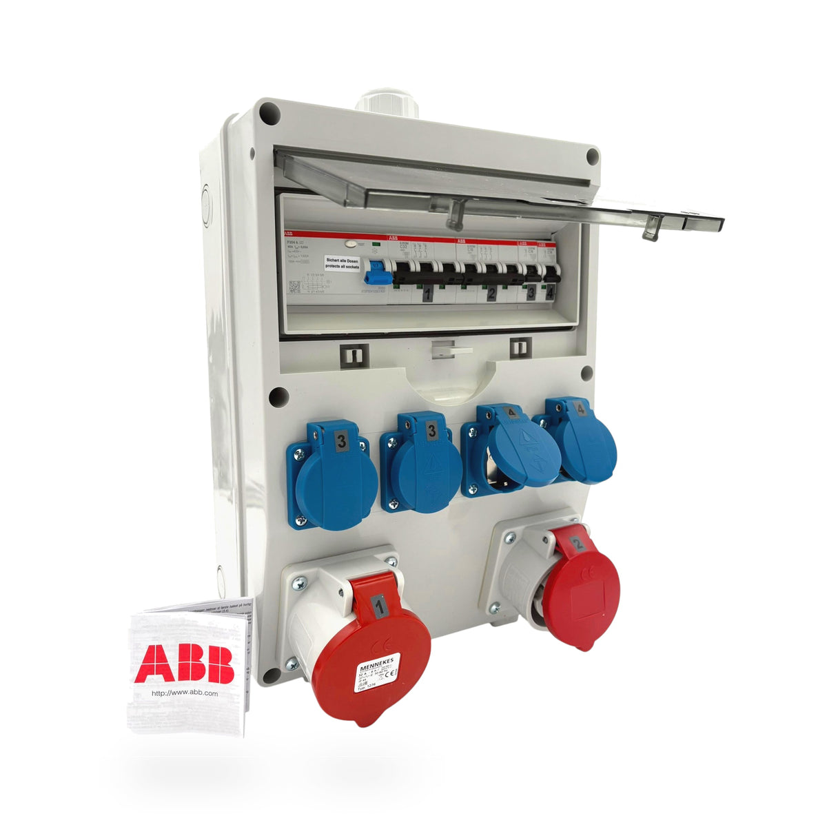 SANOS Wandverteiler SAN014 im grauen ABS-Gehäuse mit CEE 32A, CEE 16A und vier Schukodosen