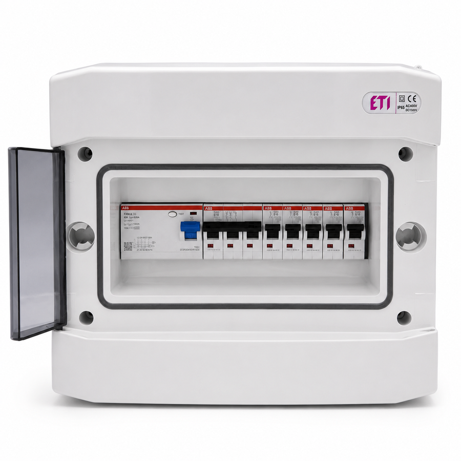 Aufputzverteiler IP65 mit 1x ABB FI, 1x S203 und 5x S201 (B16 oder C16) – Abbildung 1