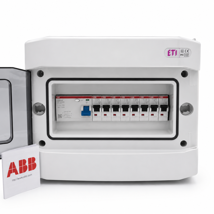Aufputzverteiler IP65 mit 1x ABB FI und 8x ABB S201 (B16 oder C16) – Abbildung 1