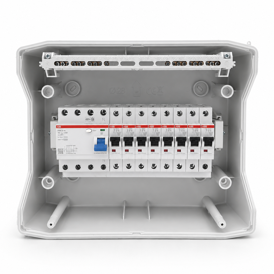 Aufputzverteiler IP65 mit 1x ABB FI und 8x ABB S201 (B16 oder C16) – Abbildung 2