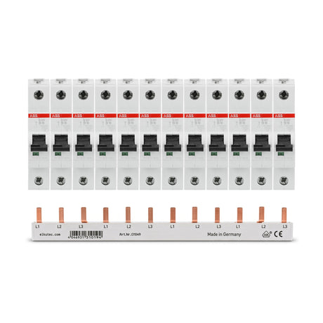 ABB Set 12x Sicherungsautomat S201-B16 + 3-Phasen-Stiftschiene 12 TE – Lieferumfang