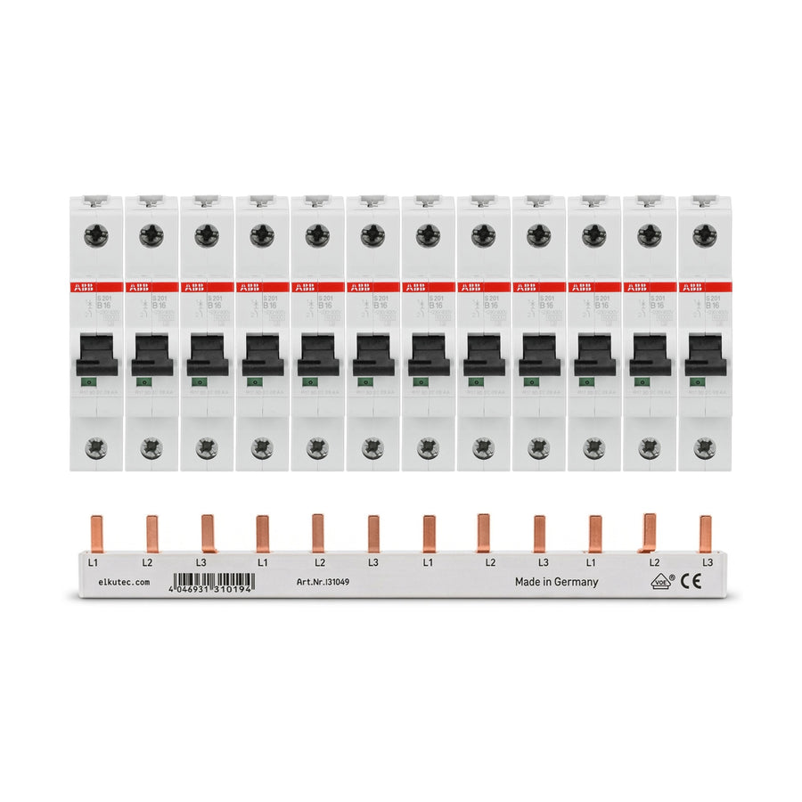 ABB Set 12x Sicherungsautomat S201-B16 + 3-Phasen-Stiftschiene 12 TE – Lieferumfang