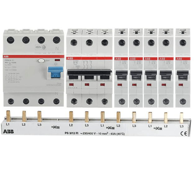 ABB Set 1x FI-Schutzschalter F204A-40/0,03 + 1x Sicherungsautomat S203-B16 + 5x Sicherungsautomat 201-B16 + 1x PS3/12FI Sammelschiene