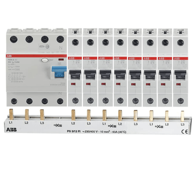 ABB Komplettset mit FI-Schutzschalter F204A-40/0,03, acht Leitungsschutzschaltern und Sammelschiene PS3/12FI