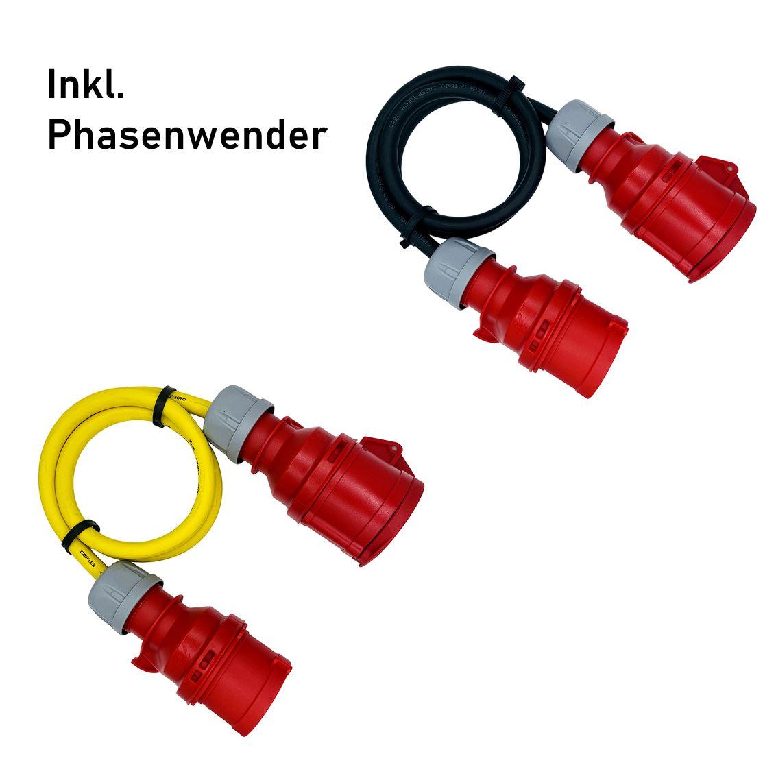 CEE-Verlängerung 16A/32A - 400V - 5-polig mit Phasenwender | Gummileitung H07RN-F 5G1,5mm² - 5G6mm² | 1,00 bis 50,00 Meter | verschiedene Farben