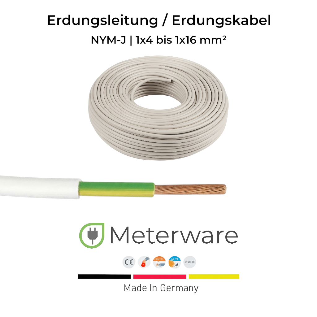 Erdungsleitung / Erdungskabel NYM-J | 1x4 bis 1x16 mm² | 1 Meter - 50 Meter