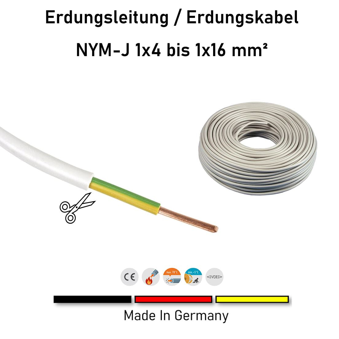 Erdungsleitung / Erdungskabel NYM-J | 1x4 bis 1x16 mm² | 1 Meter - 50 Meter