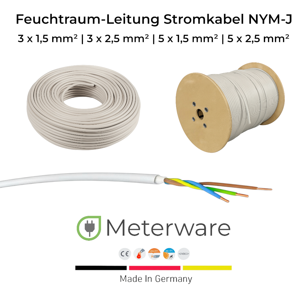 Feuchtraum-Leitung / Stromkabel NYM-J | 3x1,5 bis 5x2,5 | 1 Meter - 500 Meter