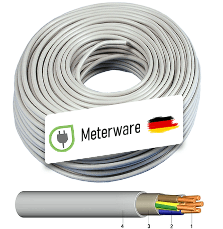 Feuchtraumleitung NYM-J 3x2,5 mm² als Meterware, grauer PVC-Mantel, Nennspannung 300/500 V