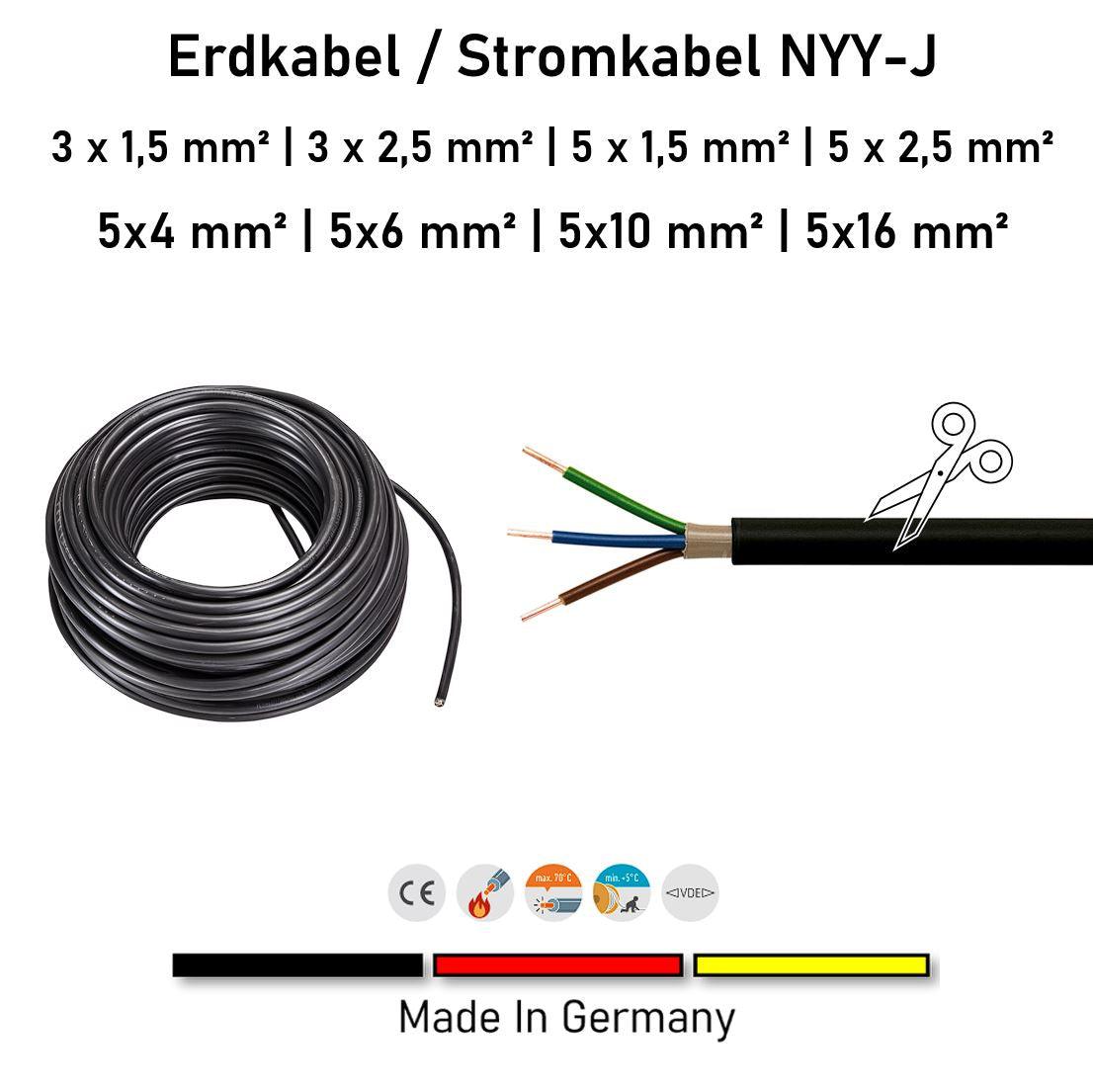 Erdkabel / Stromkabel NYY-J | 3x1,5 bis 5x16 | 1 Meter - 500 Meter