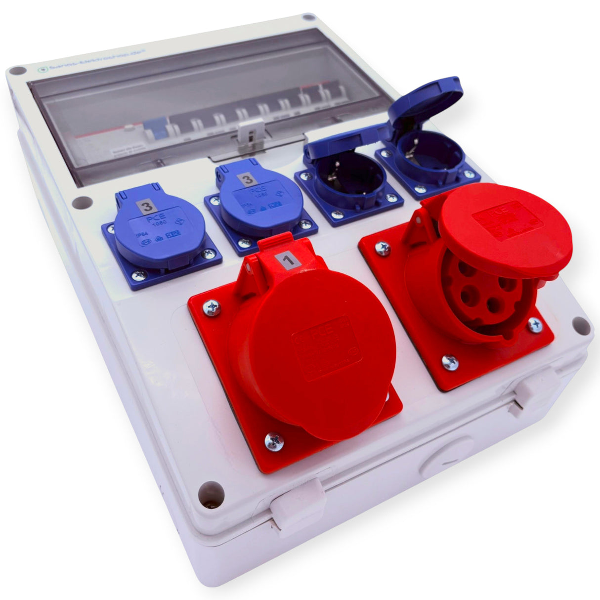 SANOS Wandverteiler ABB/PCE - 2x CEE 16A und 4x Schukodosen mit FI | paarweise gesichert | SAN002