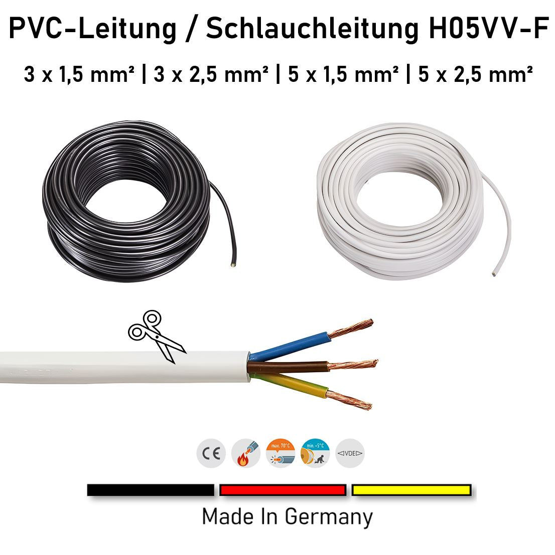 PVC-Leitung / Schlauchleitung H05VV-F | 3x1,5mm² bis 5x2,5mm² | 1 Meter - 50 Meter