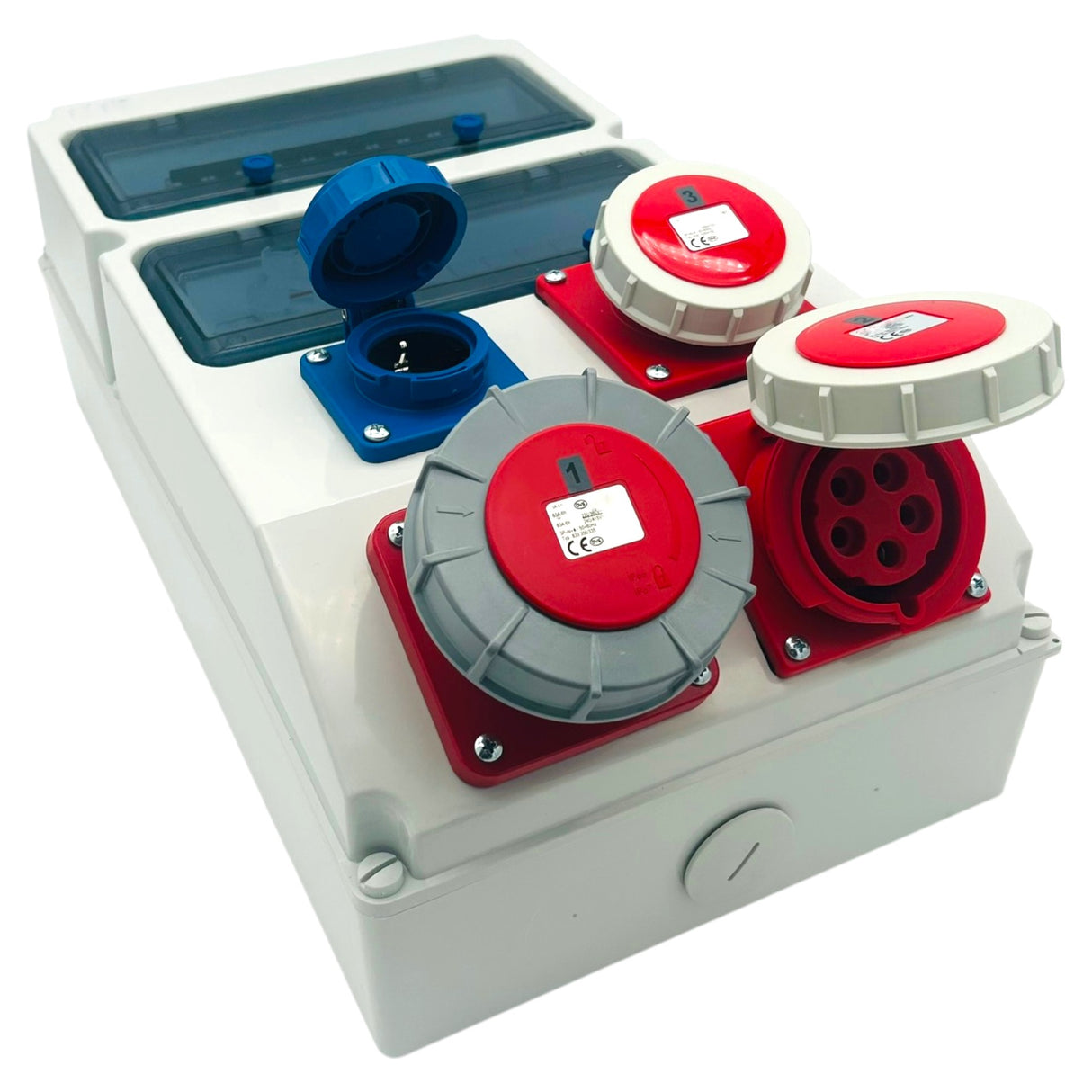 SANOS IP67 Wandverteiler ABB/PCE - 1x CEE 63A 1x CEE 32A 1x CEE 16A und 1x Schukodose mit FI | SAN022