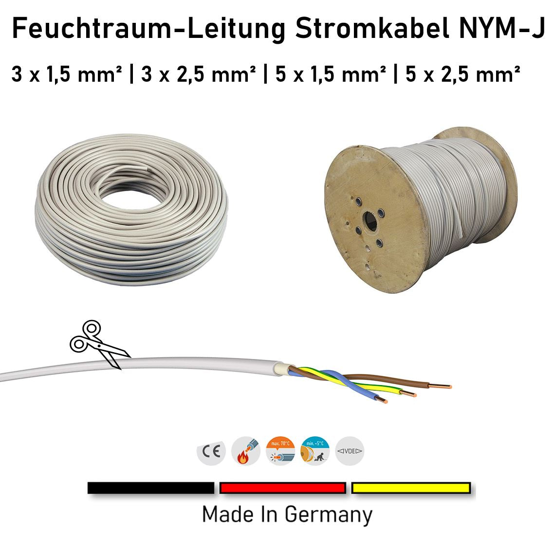 Feuchtraum-Leitung / Stromkabel NYM-J | 3x1,5 bis 5x2,5 | 1 Meter - 500 Meter