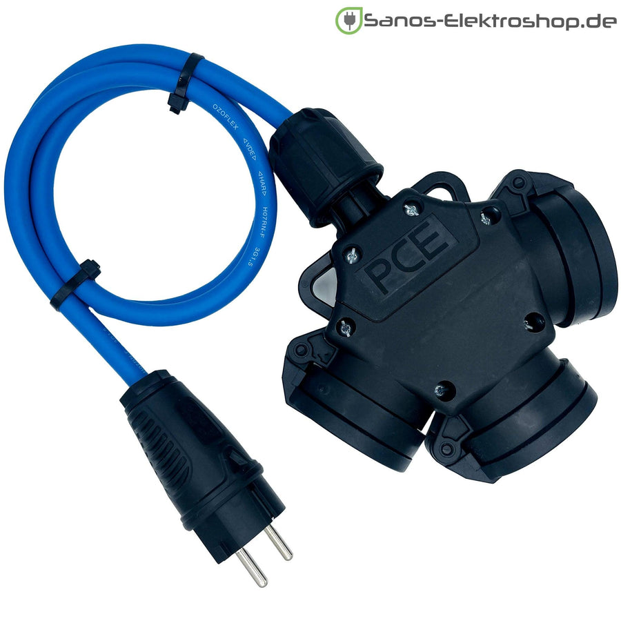 Schuko-Verlängerung mit 3-fach Kupplung, H07RN-F 3G1,5 mm², IP44 – Ausführung in Blau