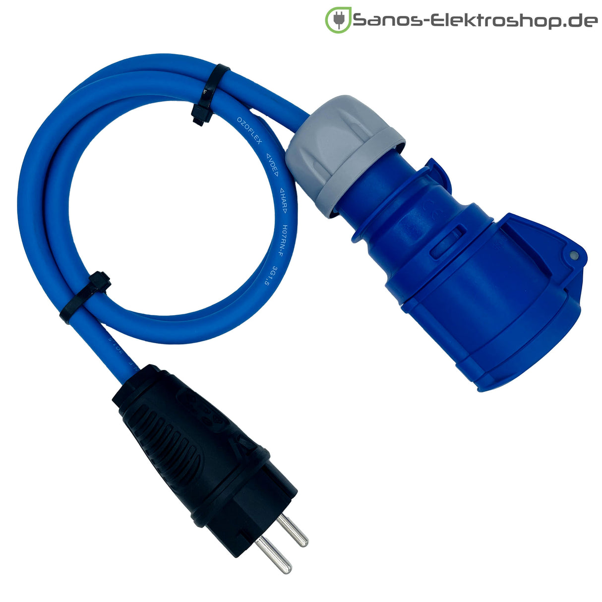 Camping/Caravan/Boot Adapter Schuko-Stecker auf CEE-Kupplung 230V 3-polig 16A, Gummileitung H07RN-F 3G2,5 blau, 1m-50m