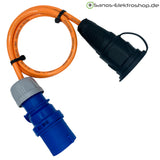 Camping/Caravan/Boot Adapter CEE-Stecker auf Schuko-Kupplung 230V 3-polig 16A, Gummileitung H07BQ-F 3G2,5 orange, 1m-50m