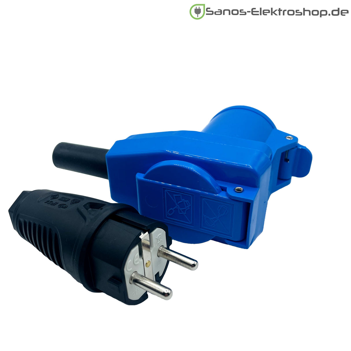 Camping/Caravan/Boot Adapter Schuko-Stecker auf CEE-Winkelkupplung 230V 3-polig 16A, Gummileitung H07RN-F 3G2,5 blau, 1m-50m