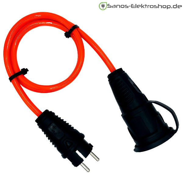 Schuko-Verlängerung mit Deckel am Band, PUR H07BQ-F 3G1,5 mm², IP44 – Ausführung in Leuchtorange