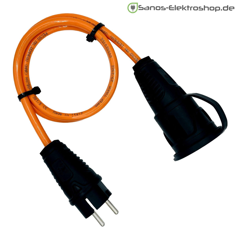 Schuko-Verlängerung mit Deckel am Band, PUR H07BQ-F 3G1,5 mm², IP44 – Ausführung in Orange
