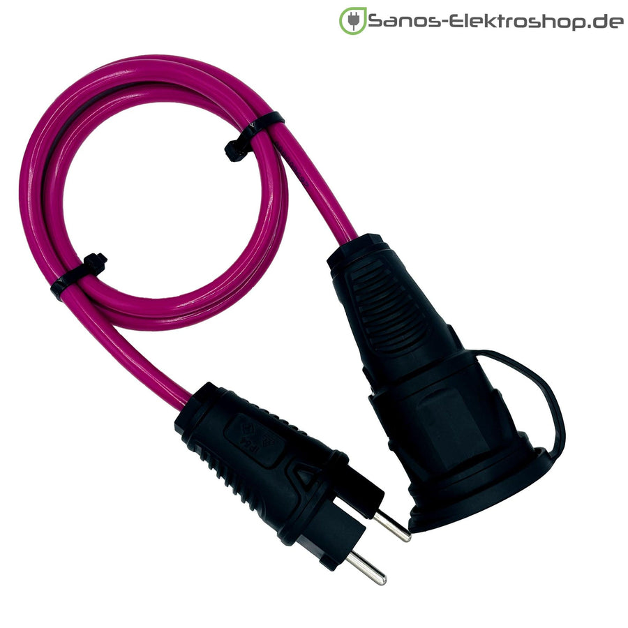 Schuko-Verlängerung mit Deckel am Band, PUR H07BQ-F 3G1,5 mm², IP44 – Ausführung in Pink