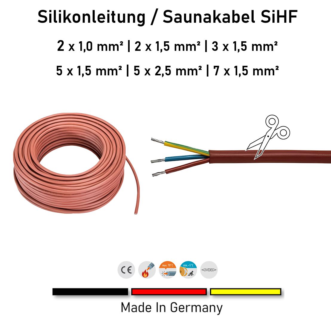 Silikonleitung / Saunakabel SiHF | 2x1,0mm² bis 7x1,5mm² | 1 Meter - 50 Meter