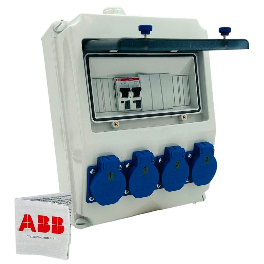 Wandverteiler SAN032 mit FI 40 A 30 mA, Schuko-Dosen von PCE, Schutzschalter von ABB