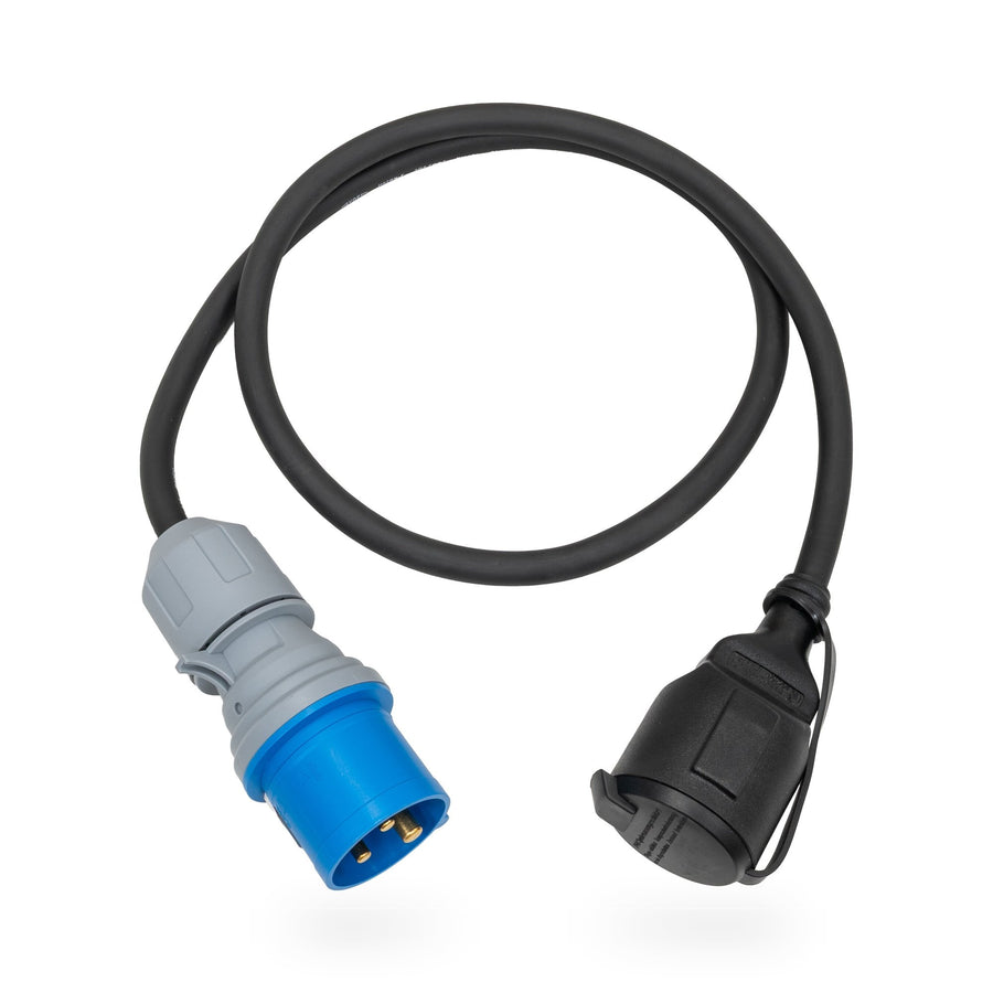 Adapterleitung CEE-Stecker 16 A 230 V blau auf Schuko-Kupplung mit Klappdeckel, Gummischlauchleitung H07RN-F 3G2,5 schwarz